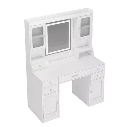 Grande coiffeuse d'angle avec 6 tiroirs, étagères et miroir - Blanc