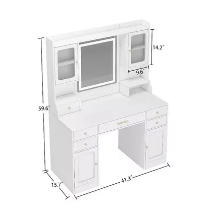 Grande coiffeuse d'angle avec 6 tiroirs, étagères et miroir - Blanc