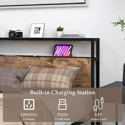 Cadre de lit plateforme industriel pleine grandeur avec station de recharge et tête de lit de rangement