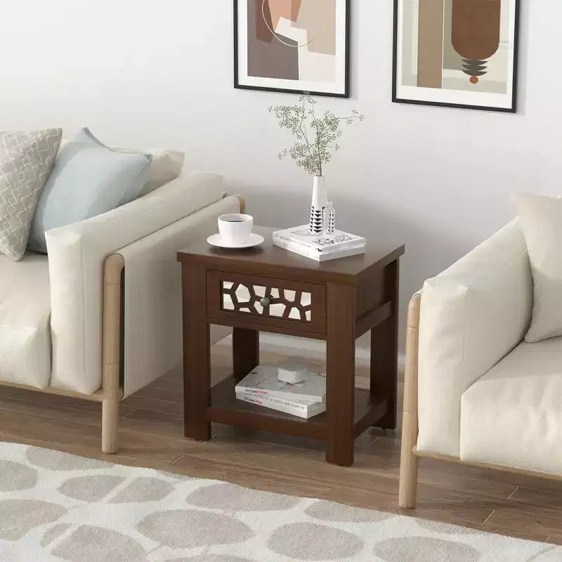 Table de chevet rustique avec tiroir et étagère ouverte - Bois