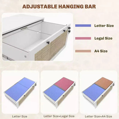 Meuble classeur verrouillable, classeur bohème à 2 tiroirs avec barre de suspension réglable pour formats Letter, A4 et Legal