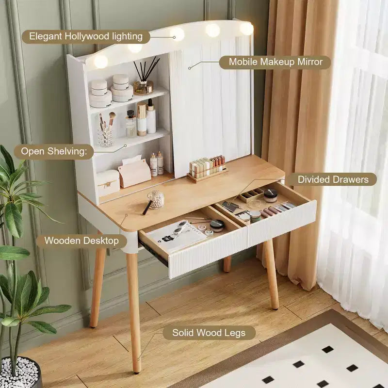 Coiffeuse moderne avec miroir coulissant et grand rangement - Blanc