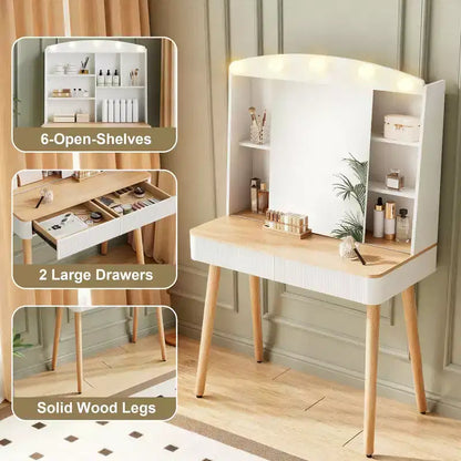 Coiffeuse moderne avec miroir coulissant et grand rangement - Blanc