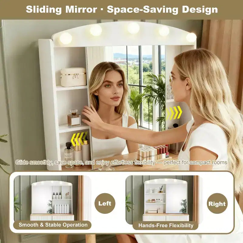 Coiffeuse moderne avec miroir coulissant et grand rangement - Blanc