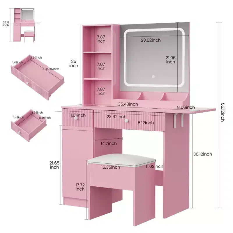 Coiffeuse avec miroir et lumières, station de charge, ensemble table de maquillage avec chaise de rangement, tiroirs et étagères, pour chambre à coucher
