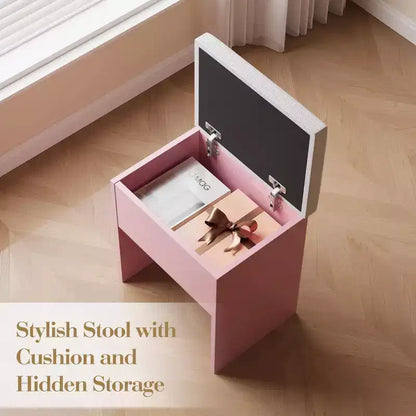 Coiffeuse avec miroir et lumières, station de charge, ensemble table de maquillage avec chaise de rangement, tiroirs et étagères, pour chambre à coucher