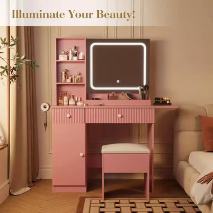 Coiffeuse avec miroir et lumières, station de charge, ensemble table de maquillage avec chaise de rangement, tiroirs et étagères, pour chambre à coucher