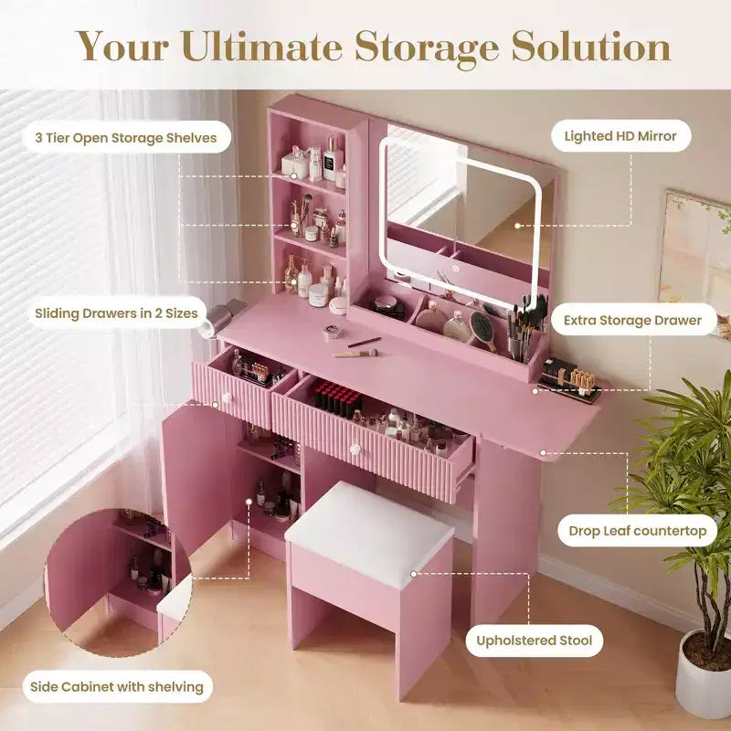 Coiffeuse avec miroir et lumières, station de charge, ensemble table de maquillage avec chaise de rangement, tiroirs et étagères, pour chambre à coucher
