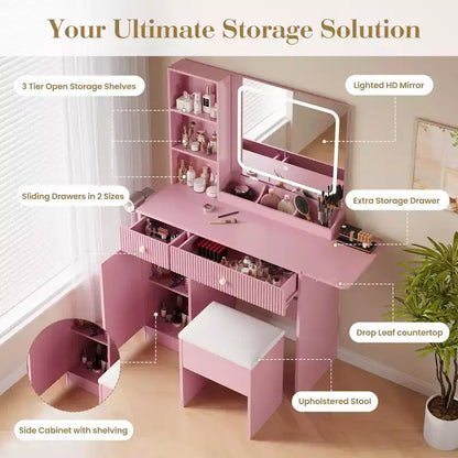 Coiffeuse avec miroir et lumières, station de charge, ensemble table de maquillage avec chaise de rangement, tiroirs et étagères, pour chambre à coucher