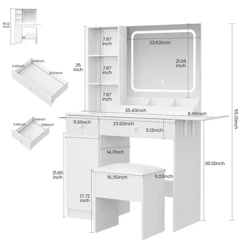 Coiffeuse avec miroir et lumières, station de charge, ensemble table de maquillage avec chaise de rangement, tiroirs et étagères, pour chambre à coucher