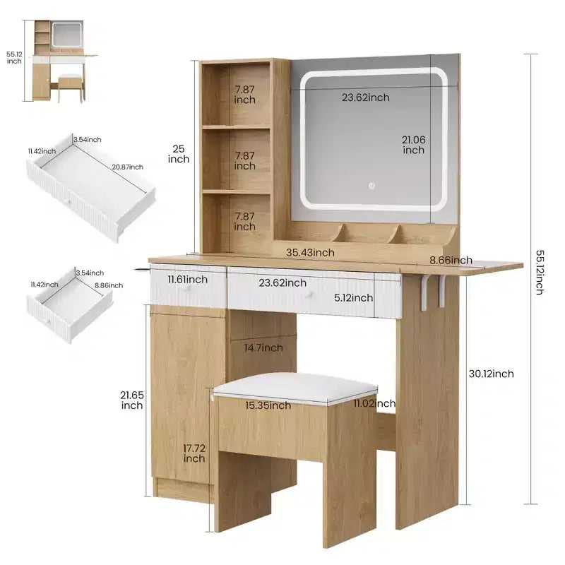 Coiffeuse avec miroir et lumières, station de charge, ensemble table de maquillage avec chaise de rangement, tiroirs et étagères, pour chambre à coucher