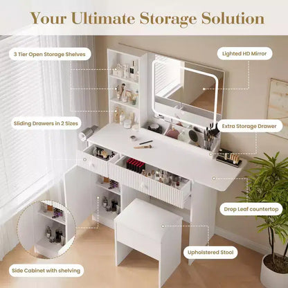 Coiffeuse avec miroir et lumières, station de charge, ensemble table de maquillage avec chaise de rangement, tiroirs et étagères, pour chambre à coucher