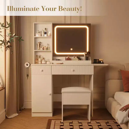 Coiffeuse avec miroir et lumières, station de charge, ensemble table de maquillage avec chaise de rangement, tiroirs et étagères, pour chambre à coucher