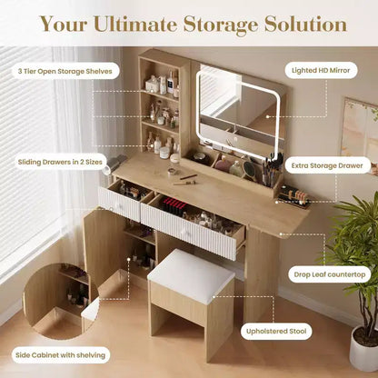 Coiffeuse avec miroir et lumières, station de charge, ensemble table de maquillage avec chaise de rangement, tiroirs et étagères, pour chambre à coucher