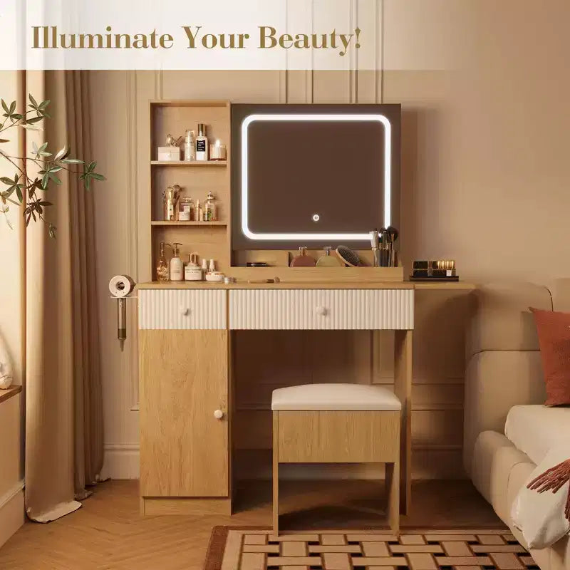 Coiffeuse avec miroir et lumières, station de charge, ensemble table de maquillage avec chaise de rangement, tiroirs et étagères, pour chambre à coucher