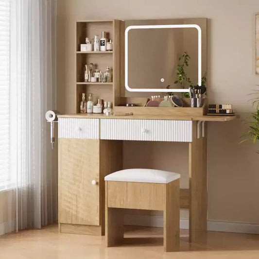 Vanity Desk with Mirror and Lights, Charging Station, Dressing Table Set with Storage Chair, Drawer Shelves, for Bedroom