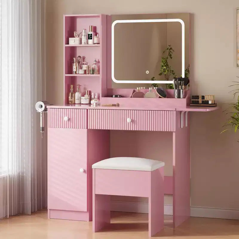 Coiffeuse avec miroir et lumières, station de charge, ensemble table de maquillage avec chaise de rangement, tiroirs et étagères, pour chambre à coucher