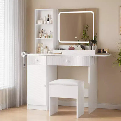 Coiffeuse avec miroir et lumières, station de charge, ensemble table de maquillage avec chaise de rangement, tiroirs et étagères, pour chambre à coucher