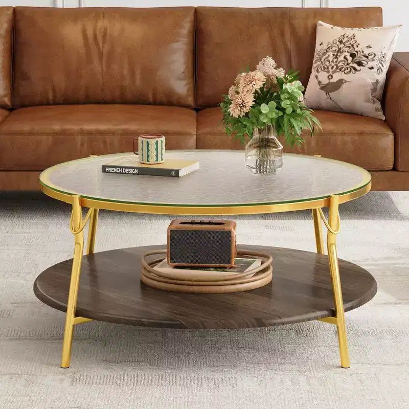 Table basse ronde moderne en noyer à 2 niveaux avec plateau en verre et base dorée pour salon, 29,9