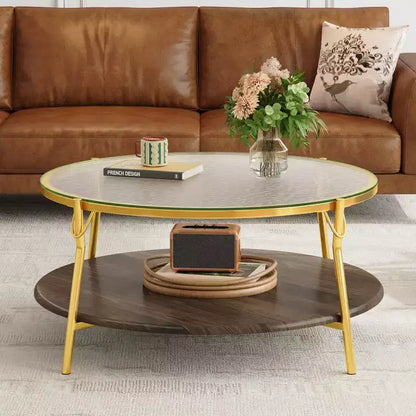 Table basse ronde moderne en noyer à 2 niveaux avec plateau en verre et base dorée pour salon, 29,9