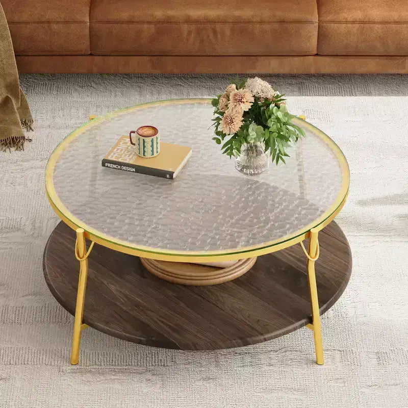 Table basse ronde moderne en noyer à 2 niveaux avec plateau en verre et base dorée pour salon, 29,9