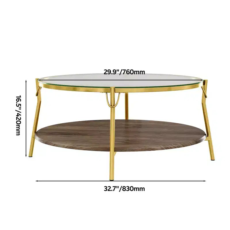 Table basse ronde moderne en noyer à 2 niveaux avec plateau en verre et base dorée pour salon, 29,9