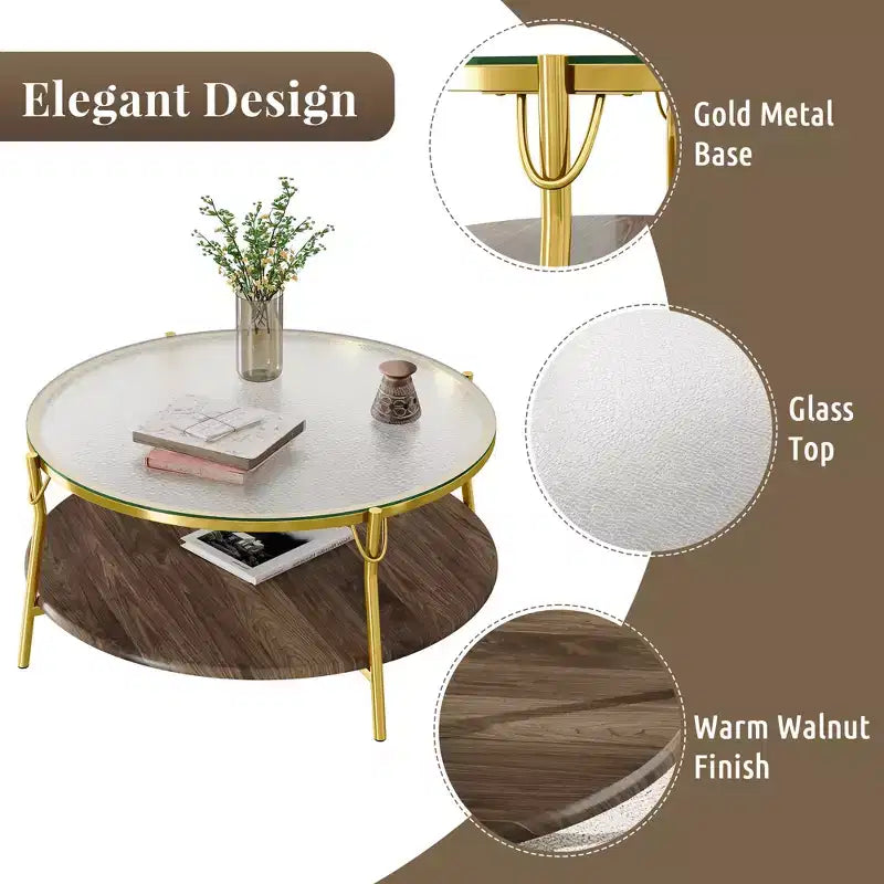 Table basse ronde moderne en noyer à 2 niveaux avec plateau en verre et base dorée pour salon, 29,9