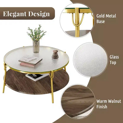Table basse ronde moderne en noyer à 2 niveaux avec plateau en verre et base dorée pour salon, 29,9