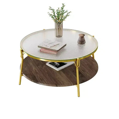 Table basse ronde moderne en noyer à 2 niveaux avec plateau en verre et base dorée pour salon, 29,9