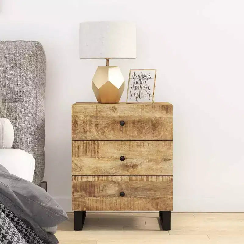 Table de chevet industrielle avec 3 tiroirs en bois massif - Bois clair