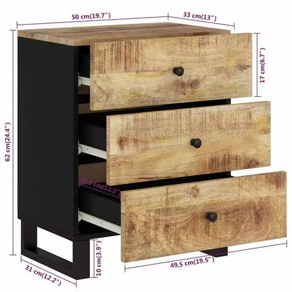 Table de chevet industrielle avec 3 tiroirs en bois massif - Bois clair