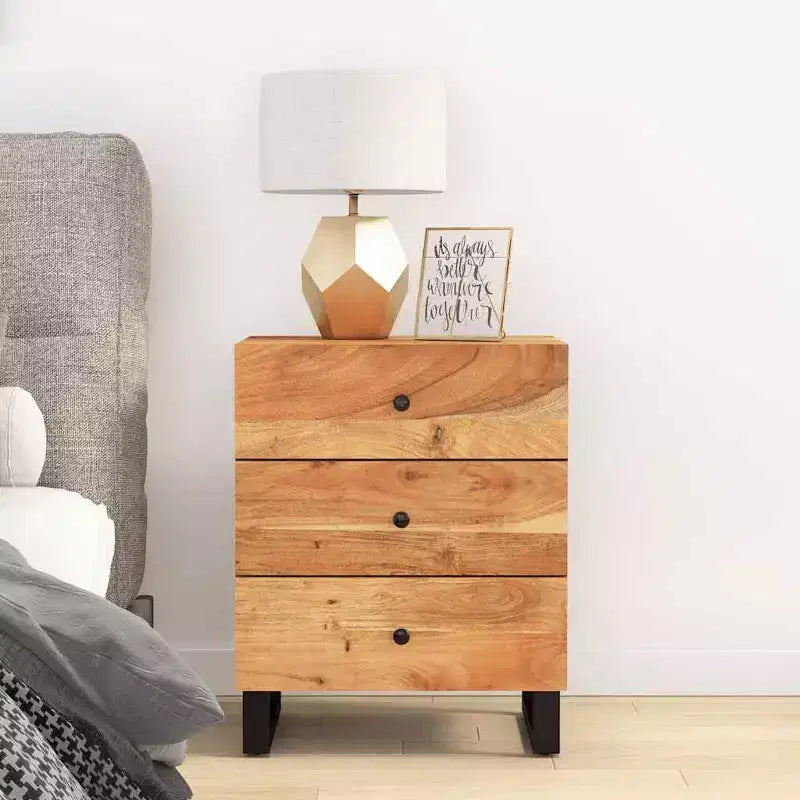 Table de chevet industrielle avec 3 tiroirs en bois massif - Bois clair