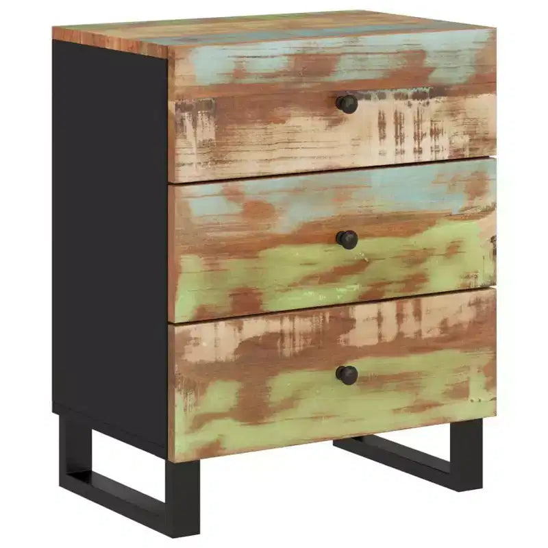 Table de chevet industrielle avec 3 tiroirs en bois massif - Bois clair