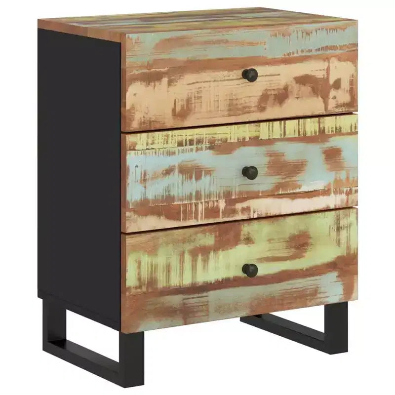 Table de chevet industrielle avec 3 tiroirs en bois massif - Bois clair