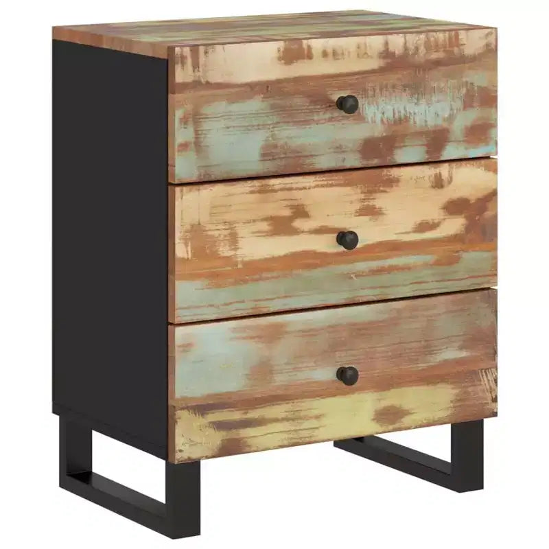 Table de chevet industrielle avec 3 tiroirs en bois massif - Bois clair