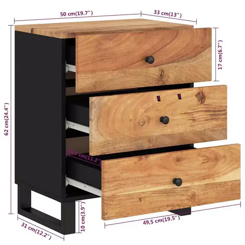 Table de chevet industrielle avec 3 tiroirs en bois massif - Bois clair
