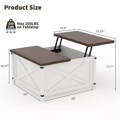 Table basse de salon avec plateau relevable et rangement, design industriel carré avec décor en X, durable et élégante