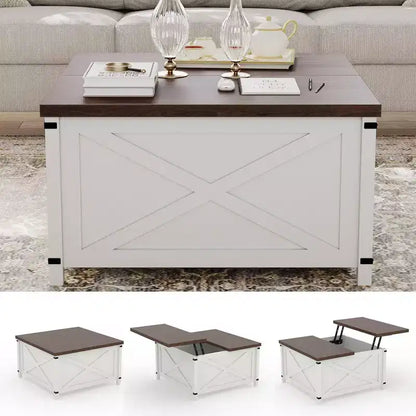 Table basse de salon avec plateau relevable et rangement, design industriel carré avec décor en X, durable et élégante