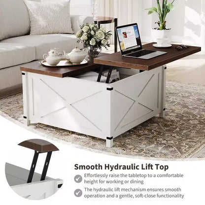 Table basse de salon avec plateau relevable et rangement, design industriel carré avec décor en X, durable et élégante