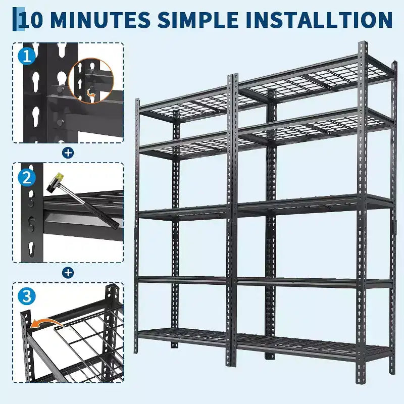 Étagère de rangement métallique, support de rangement réglable à 5 niveaux, étagères de garage robustes, 907 kg pour garage, entrepôt, 91,4 x 40,6 x 182,9 cm, lot de 2