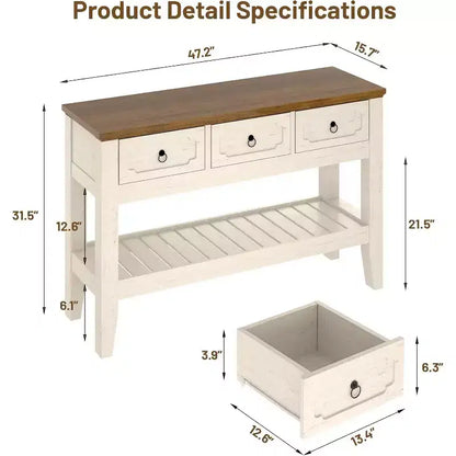 Console de ferme 47 avec 3 tiroirs et étagère, table de canapé rustique étroite pour entrée et couloir (blanc + marron)