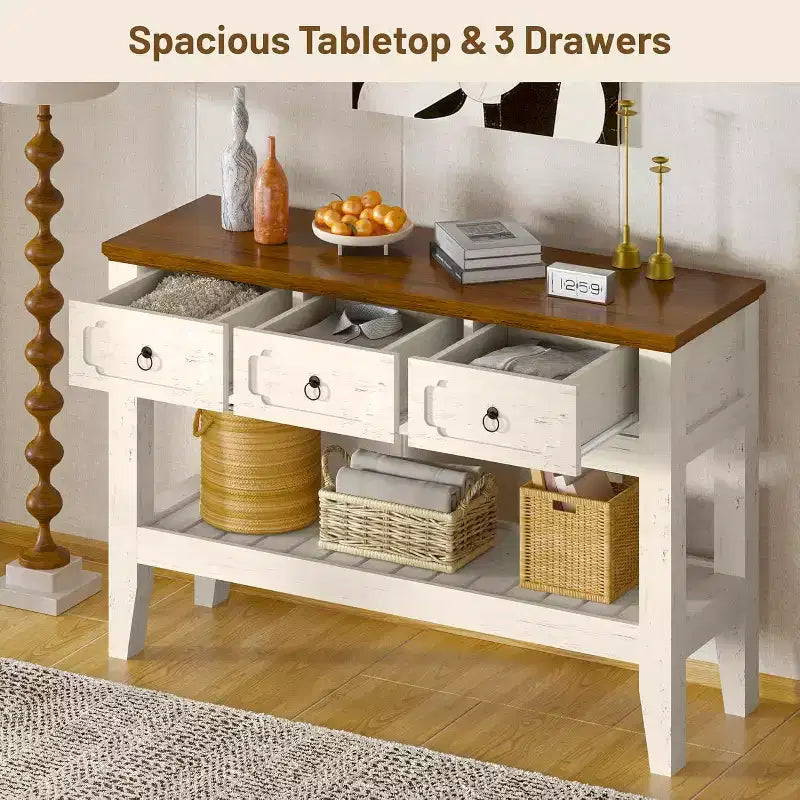 Console de ferme 47 avec 3 tiroirs et étagère, table de canapé rustique étroite pour entrée et couloir (blanc + marron)