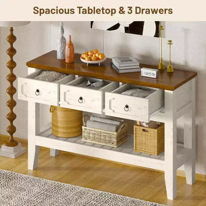 Console de ferme 47 avec 3 tiroirs et étagère, table de canapé rustique étroite pour entrée et couloir (blanc + marron)