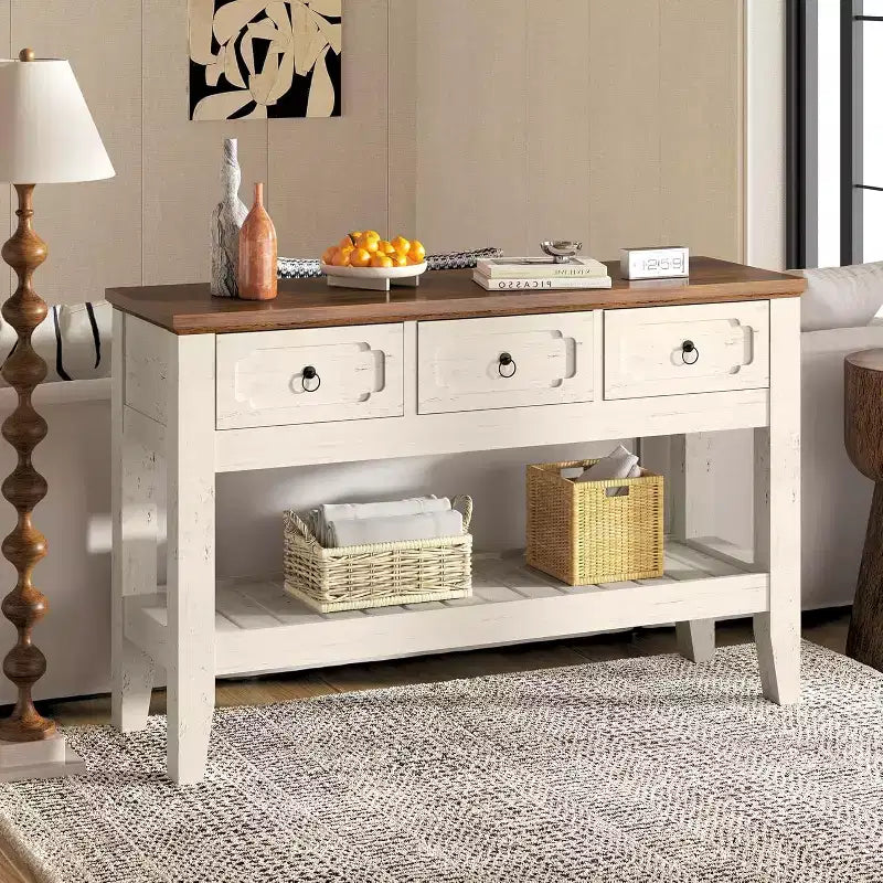 Console de ferme 47 avec 3 tiroirs et étagère, table de canapé rustique étroite pour entrée et couloir (blanc + marron)