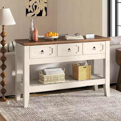Console de ferme 47 avec 3 tiroirs et étagère, table de canapé rustique étroite pour entrée et couloir (blanc + marron)
