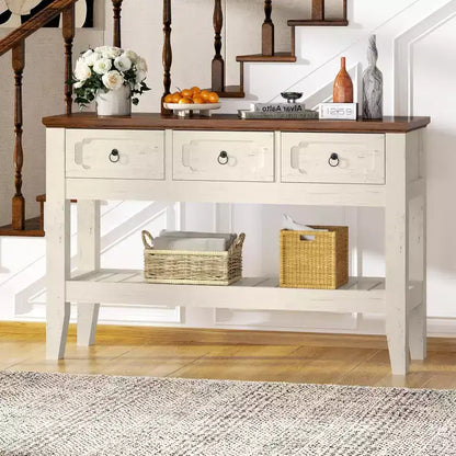 Console de ferme 47 avec 3 tiroirs et étagère, table de canapé rustique étroite pour entrée et couloir (blanc + marron)