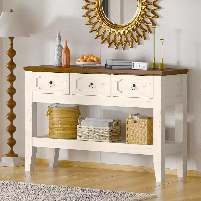 Console de ferme 47 avec 3 tiroirs et étagère, table de canapé rustique étroite pour entrée et couloir (blanc + marron)