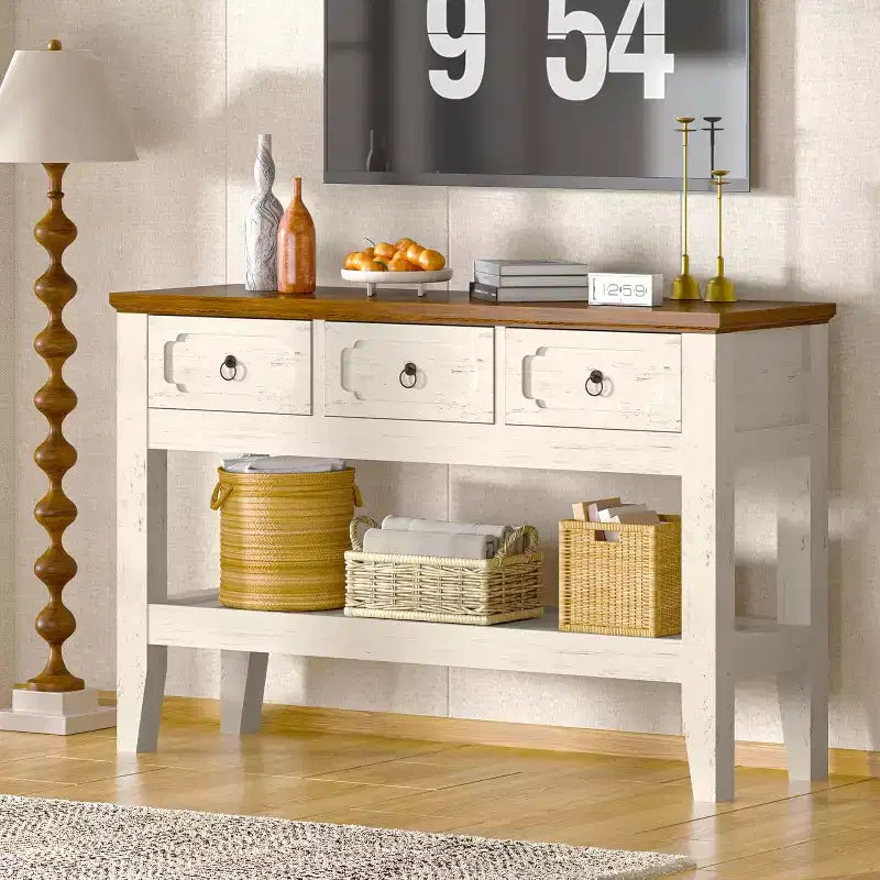 Console de ferme 47 avec 3 tiroirs et étagère, table de canapé rustique étroite pour entrée et couloir (blanc + marron)