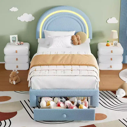Cadre de lit double rembourré avec tiroir de rangement et tête de lit arc-en-ciel pour enfants, support à lattes en bois massif, pas besoin de sommier tapissier, montage facile