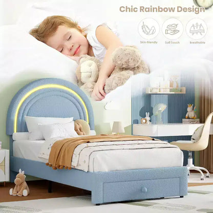 Cadre de lit double rembourré avec tiroir de rangement et tête de lit arc-en-ciel pour enfants, support à lattes en bois massif, pas besoin de sommier tapissier, montage facile